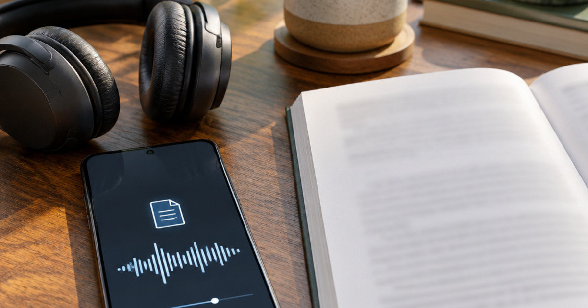 Fluence: документи за слушане и въпроси на Android — концептуална AI редакционна визуализация, не реален интерфейс или събитие